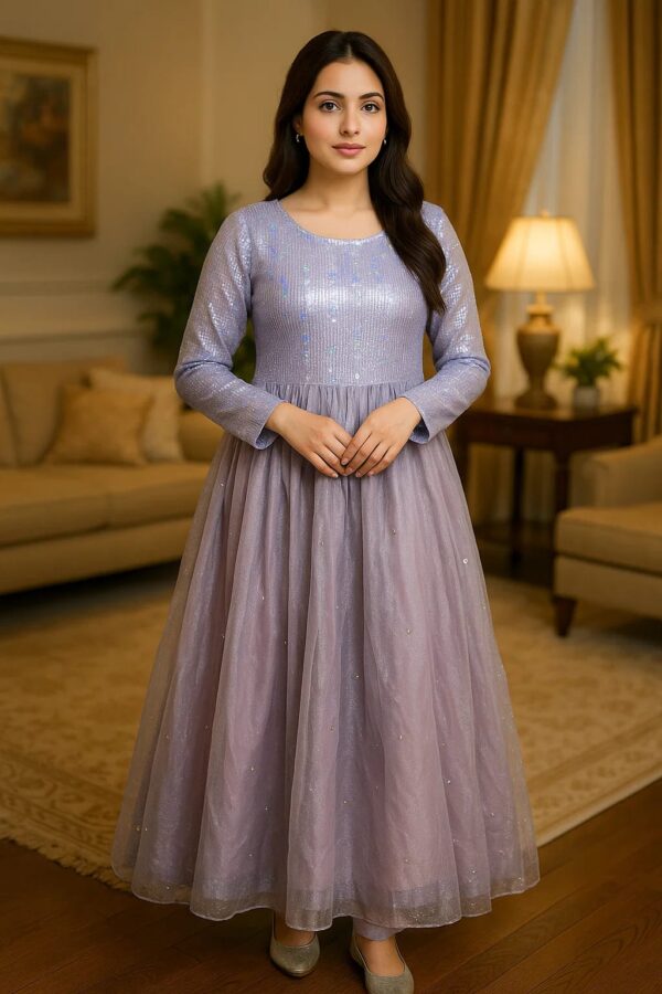 💜 Lavender Luxe – Stitched Net Frock 2PC for Timeless Grace