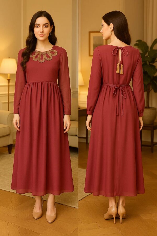 Tea Pink Formal Long Frock Dress for Women – Stitched 2 Piece Party Wear with Embroidered Neckline & Tassel Back
