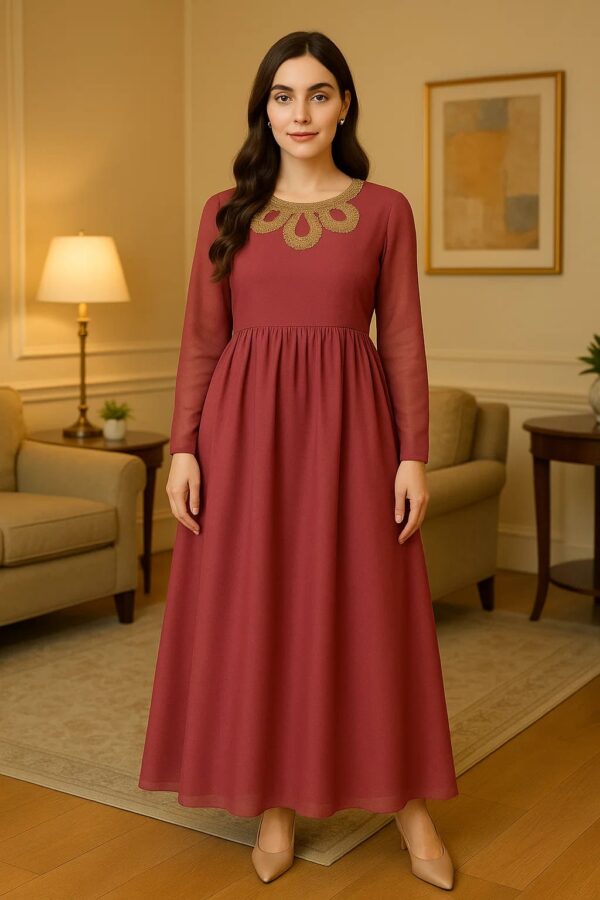 Tea Pink Formal Long Frock Dress for Women – Stitched 2 Piece Party Wear with Embroidered Neckline & Tassel Back