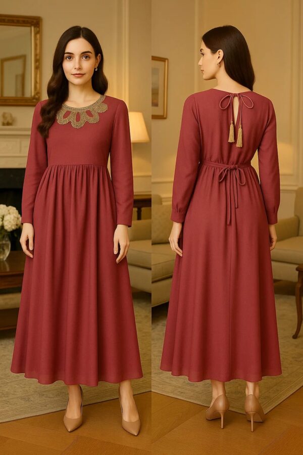 Tea Pink Formal Long Frock Dress for Women – Stitched 2 Piece Party Wear with Embroidered Neckline & Tassel Back