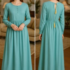 Aqua Blue Net Long Frock – Stitched 2 Piece Elegant Dress for Women with Tassel Back & Straight Trouser