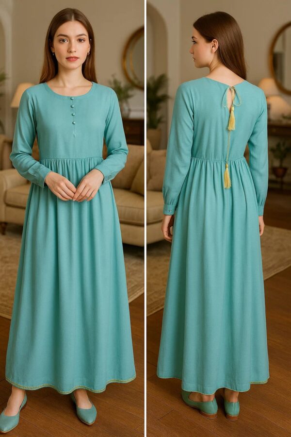 Aqua Blue Net Long Frock – Stitched 2 Piece Elegant Dress for Women with Tassel Back & Straight Trouser