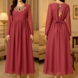 Tea Pink Formal Long Frock Dress for Women – Stitched 2 Piece Party Wear with Embroidered Neckline & Tassel Back