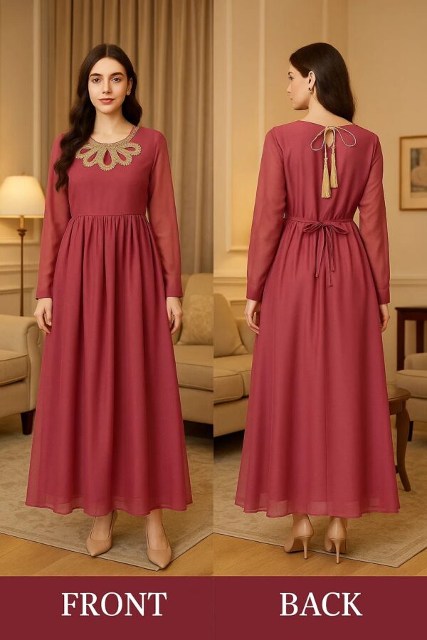 Tea Pink Formal Long Frock Dress for Women – Stitched 2 Piece Party Wear with Embroidered Neckline & Tassel Back