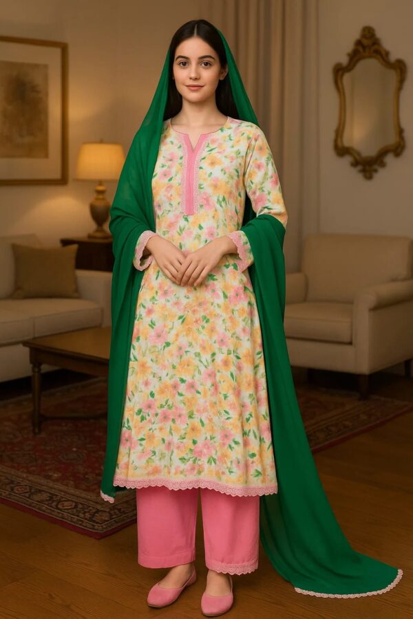 Stitched 3PC Embroidered Lawn Suit with Printed Dupatta – Elegant Summer Wear for Everyday Style - Image 2