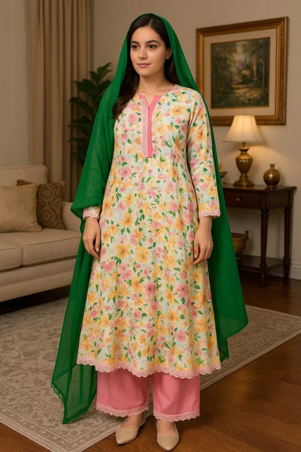Stitched 3PC Embroidered Lawn Suit with Printed Dupatta – Elegant Summer Wear for Everyday Style - Image 3