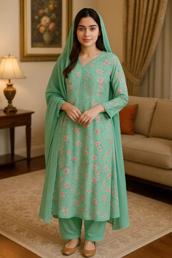 Dusty Teal Blue Stitched Lawn 3PC Suit – Graceful & Lightweight Summer Wear - Image 2