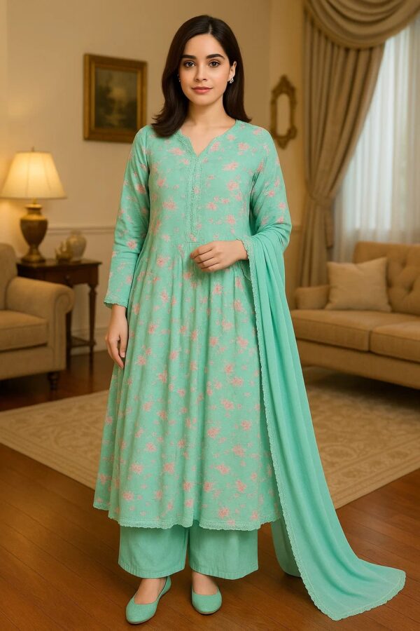 Dusty Teal Blue Stitched Lawn 3PC Suit – Graceful & Lightweight Summer Wear - Image 3