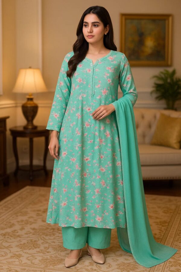 Dusty Teal Blue Lawn 3PC Stitched Suit – Elegant Summer Wear with Printed Shirt, Trousers & Dupatta