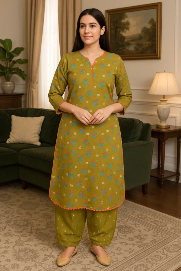 🌿 Olive Green Floral Embroidered Lawn 3PC Stitched Suit – Breezy Comfort with Vibrant Charm