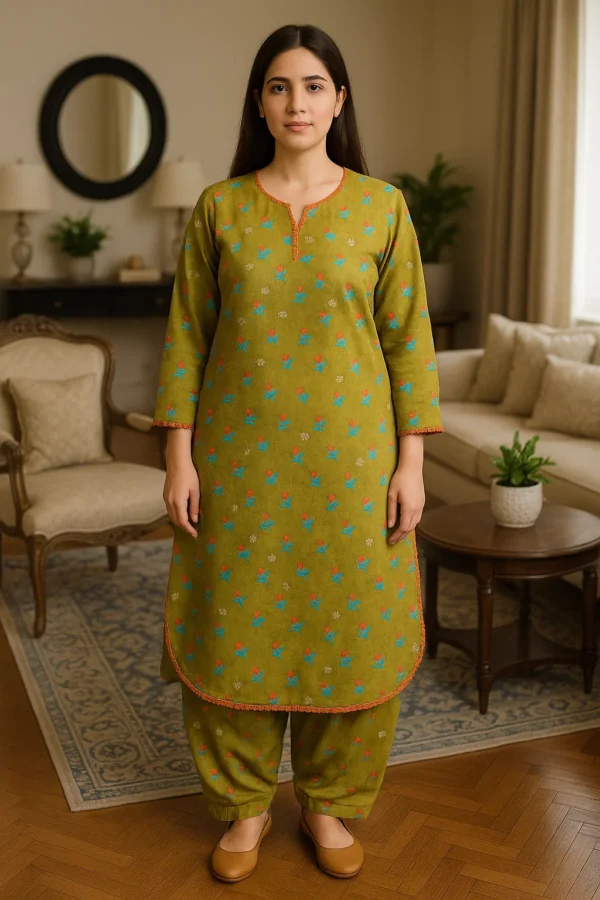 🌿 Olive Green Floral Embroidered Lawn 3PC Stitched Suit – Breezy Comfort with Vibrant Charm