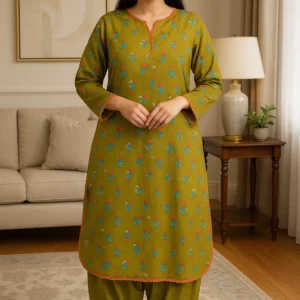 🌿 Olive Green Floral Embroidered Lawn 3PC Stitched Suit – Breezy Comfort with Vibrant Charm