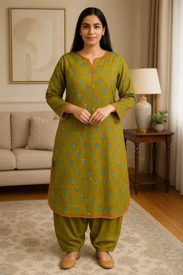 🌿 Olive Green Floral Embroidered Lawn 3PC Stitched Suit – Breezy Comfort with Vibrant Charm