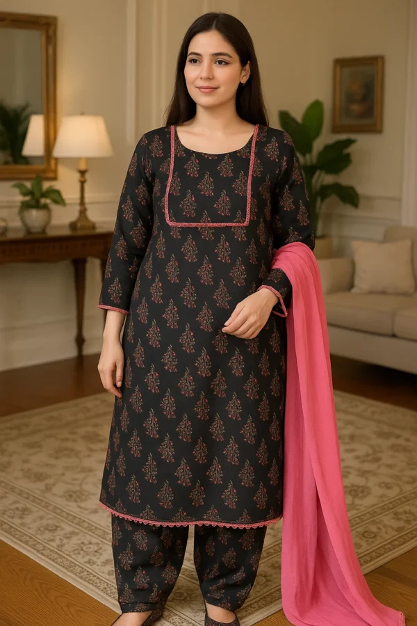 🖤 Black & Pink Printed Lawn 3PC Stitched Suit – Bold Elegance with a Touch of Tradition