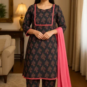 🖤 Black & Pink Printed Lawn 3PC Stitched Suit – Bold Elegance with a Touch of Tradition