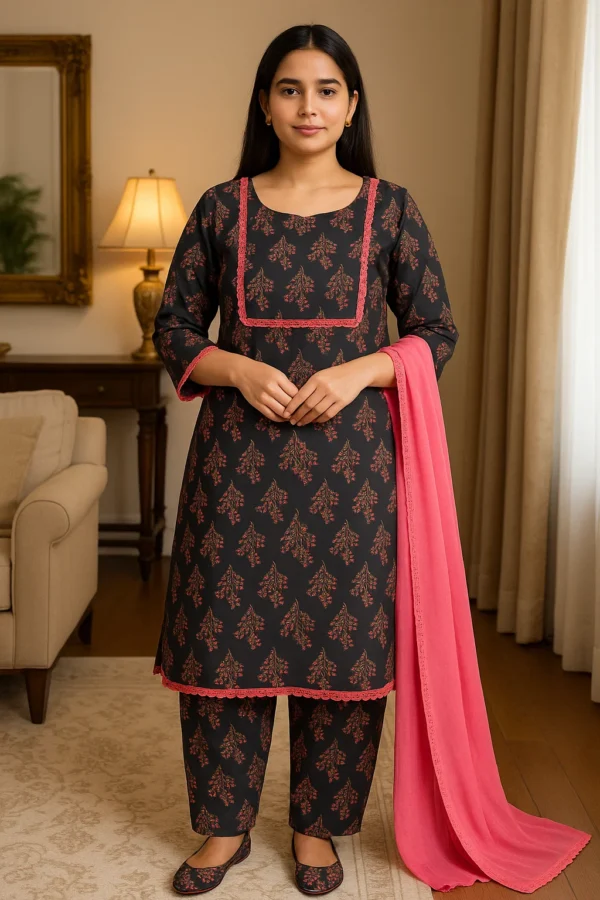 🖤 Black & Pink Printed Lawn 3PC Stitched Suit – Bold Elegance with a Touch of Tradition