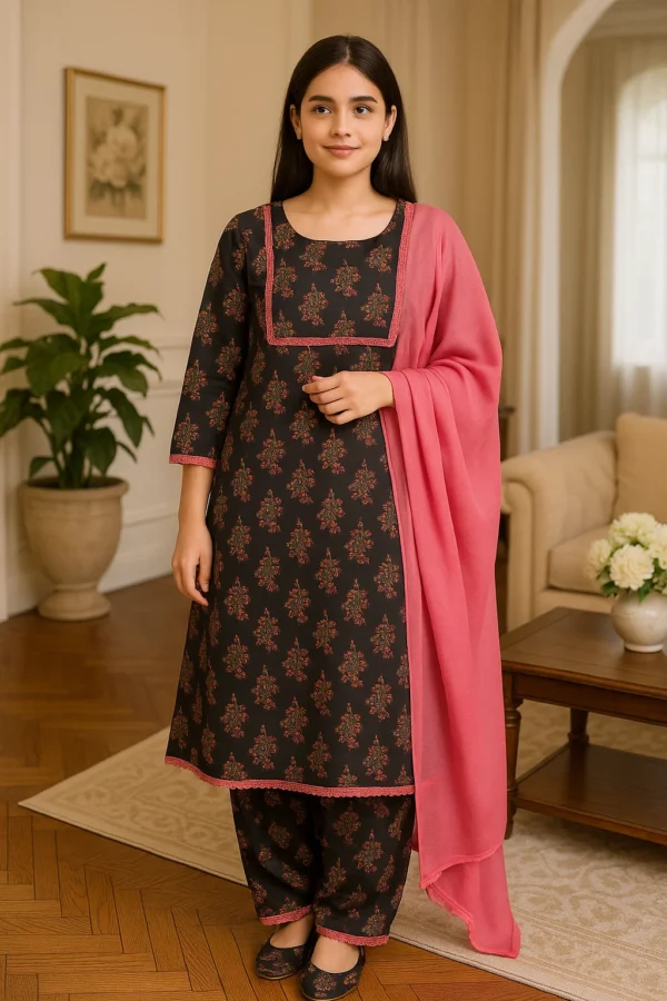 🖤 Black & Pink Printed Lawn 3PC Stitched Suit – Bold Elegance with a Touch of Tradition