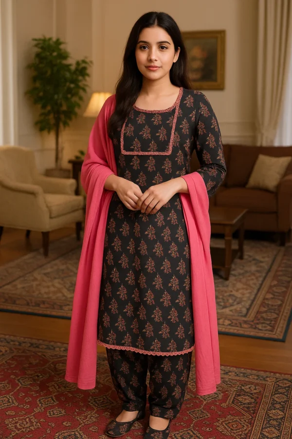 🖤 Black & Pink Printed Lawn 3PC Stitched Suit – Bold Elegance with a Touch of Tradition