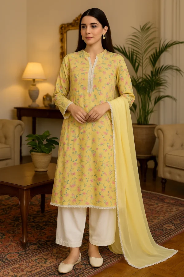 🌼 Elegant Mustard Floral Printed Lawn Suit – Stitched 3PC Summer Ensemble with Soft Dupatta & Trousers