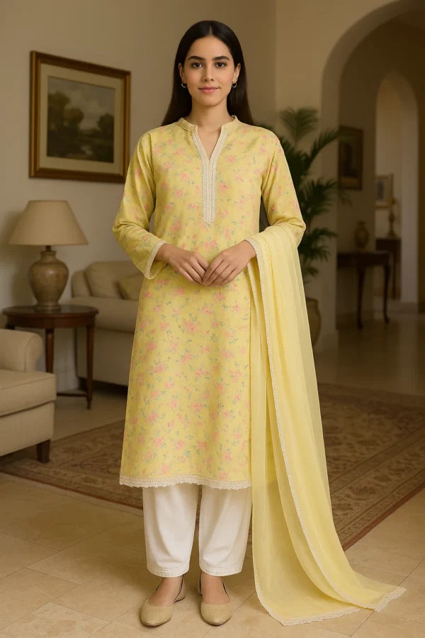 🌼 Elegant Mustard Floral Printed Lawn Suit – Stitched 3PC Summer Ensemble with Soft Dupatta & Trousers - Image 2