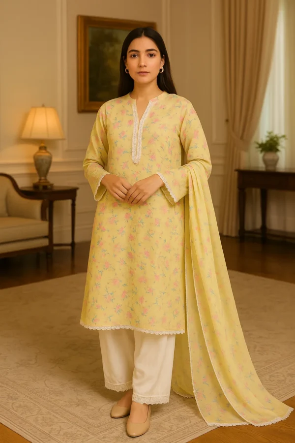 🌼 Elegant Mustard Floral Printed Lawn Suit – Stitched 3PC Summer Ensemble with Soft Dupatta & Trousers - Image 3