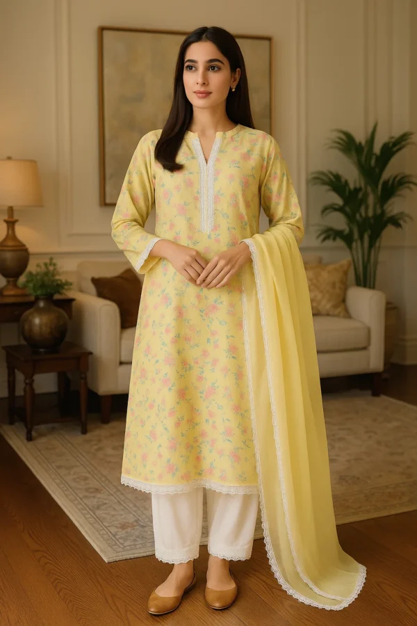 🌼 Elegant Mustard Floral Printed Lawn Suit – Stitched 3PC Summer Ensemble with Soft Dupatta & Trousers - Image 4