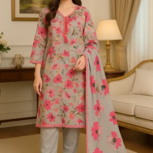 Gracefully Stitched 3PC Lawn Ensemble – Elegant Printed Shirt with Classic Trouser & Flowing Dupatta