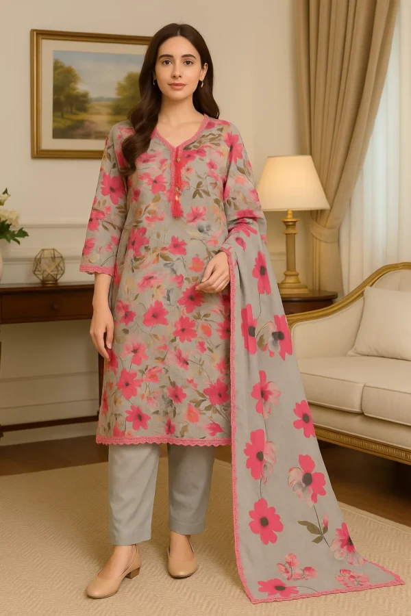 Gracefully Stitched 3PC Lawn Ensemble – Elegant Printed Shirt with Classic Trouser & Flowing Dupatta