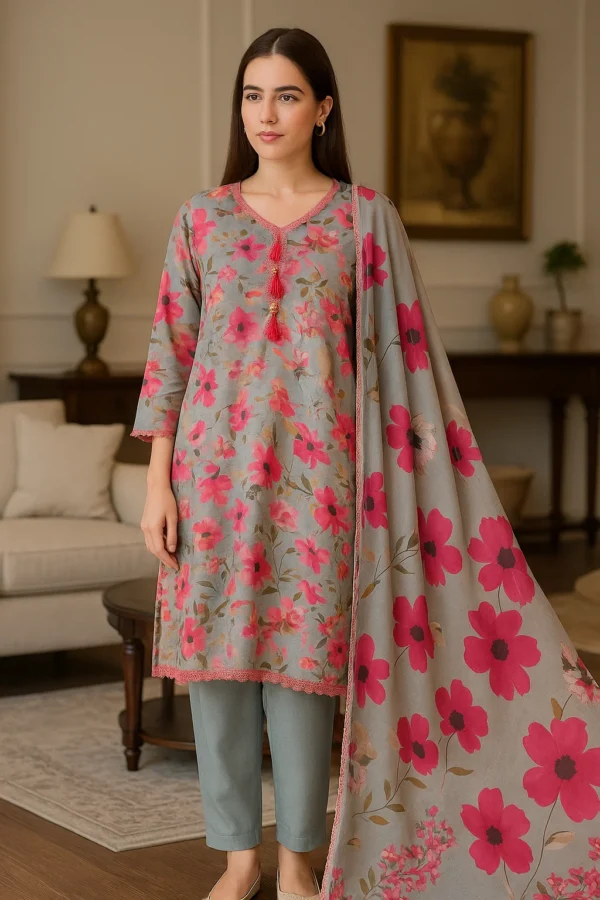 Gracefully Stitched 3PC Lawn Ensemble – Elegant Printed Shirt with Classic Trouser & Flowing Dupatta - Image 2