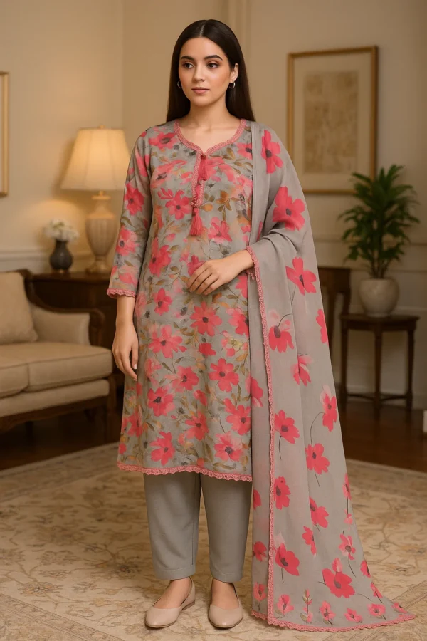 Gracefully Stitched 3PC Lawn Ensemble – Elegant Printed Shirt with Classic Trouser & Flowing Dupatta - Image 3
