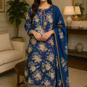 Royal Sapphire Blue Lawn 3PC Stitched Suit – Timeless Floral Elegance