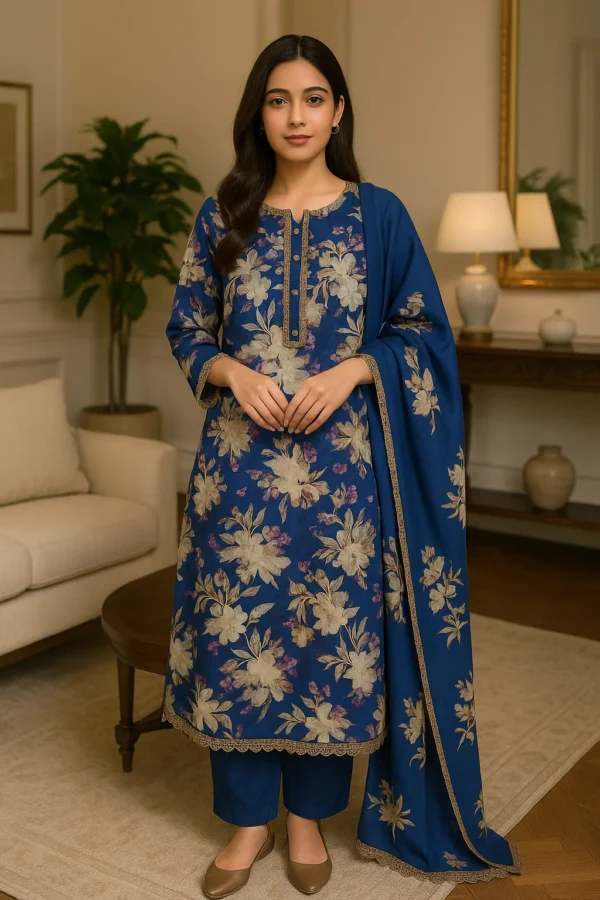 Royal Sapphire Blue Lawn 3PC Stitched Suit – Timeless Floral Elegance
