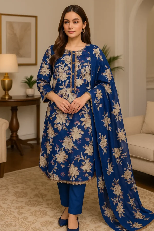 Royal Sapphire Blue Lawn 3PC Stitched Suit – Timeless Floral Elegance