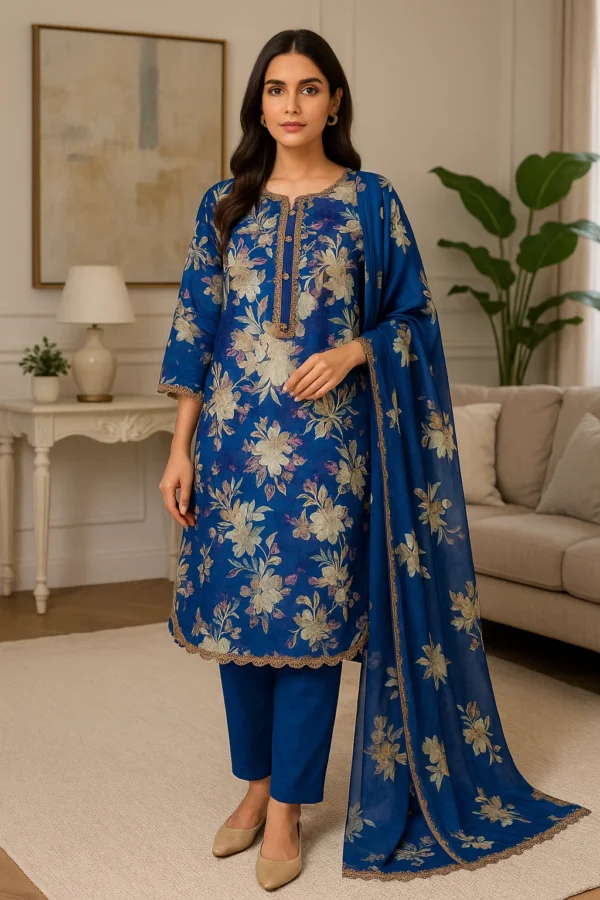 Royal Sapphire Blue Lawn 3PC Stitched Suit – Timeless Floral Elegance