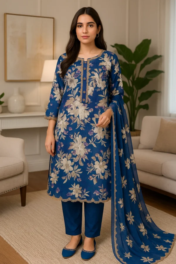 Royal Sapphire Blue Lawn 3PC Stitched Suit – Timeless Floral Elegance