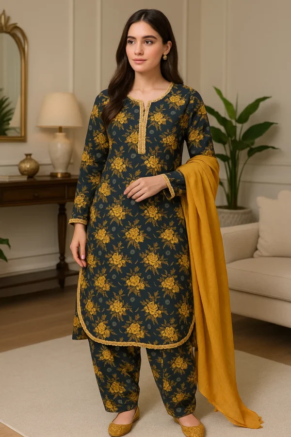 Stylish Floral Embroidered Lawn 3PC Stitched Suit for Women – Elegant Summer Wear with Dupatta